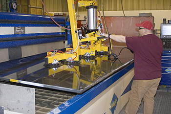 Loading Granite on a Waterjet with Wood's Powr-Grip's PT10 Vacuum Lifter.